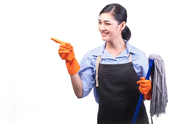 House Cleaning Service Woman Isolated White Asian Young Woman Gloves — Stock Photo, Image