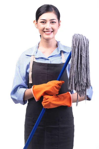 Σπίτι Καθαρισμού Υπηρεσία Γυναίκα Απομονωθεί Λευκό Χρώμα Νεαρή Γυναίκα Της — Φωτογραφία Αρχείου