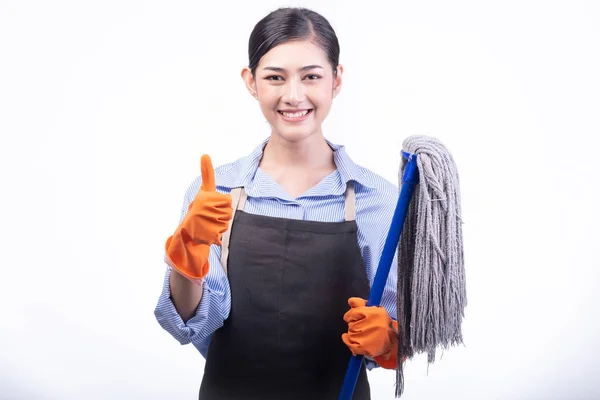 House Cleaning Service Woman Isolated White Asian Young Woman Gloves Royalty Free Φωτογραφίες Αρχείου