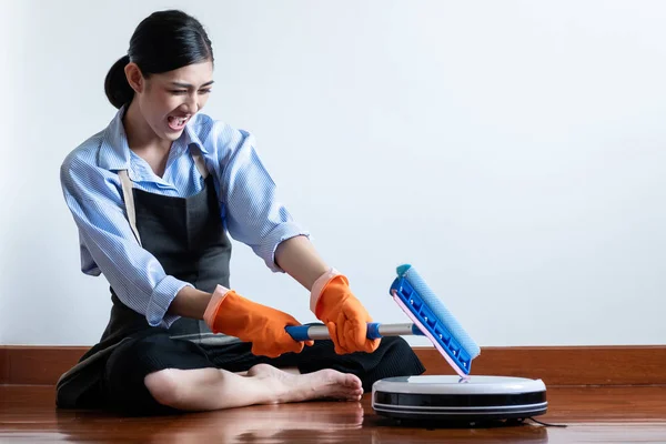 Angry Tired House Wife Sitting Floor Cleaning Robot Passing Beautiful Stock Photo