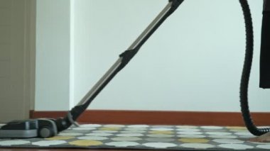 Elektrikli süpürge ile temizlik kadın. Elektrikli süpürge ve bu saldırı çalıştığınız köpek ile zemin temizlik güzel Asyalı kadın. Düşük açılı vurdu. Ev temizlik hizmeti kavramı.