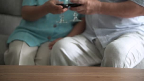 Äldre Par Sitter Och Pratar Med Rött Vin Glas Bordet — Stockvideo