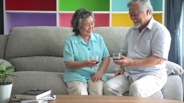シニア カップルと赤ワインのガラス リビング ルームのテーブルで話を座っています 引退した古いアジアの男性と女性 楽しんでワイン一緒に 幸せな笑顔です シニアのライフ スタイルのコンセプト — ストック動画