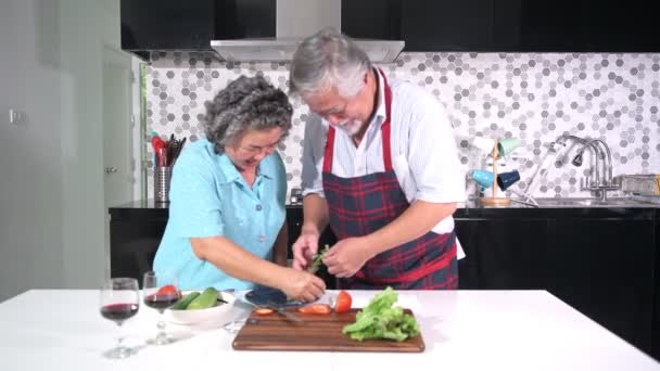 Casal Sênior Preparando Comida Cozinha Aposentado Velho Asiático Masculino Feminino — Vídeo de Stock