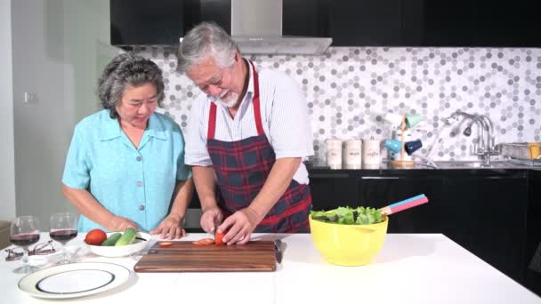 Pareja Mayor Preparando Comida Cocina Retirado Viejo Asiático Hombre Mujer — Vídeo de stock