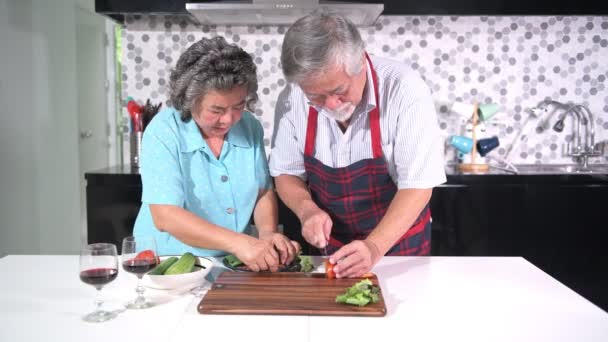 Senior Paar Bereiden Van Voedsel Keuken Schakelde Oude Aziatische Mannelijke — Stockvideo