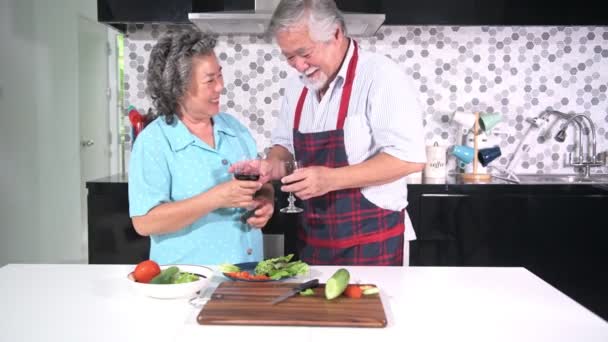 Pareja Mayor Preparando Comida Cocina Retirado Viejo Asiático Hombre Mujer — Vídeos de Stock