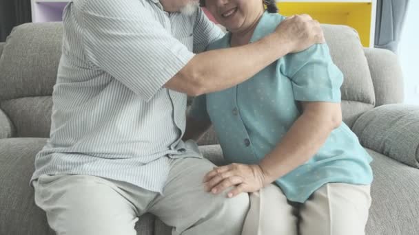 老夫妇坐在客厅里拥抱在一起 退休的老亚洲男女 说话相抱 快乐的微笑 老年人生活方式理念 — 图库视频影像