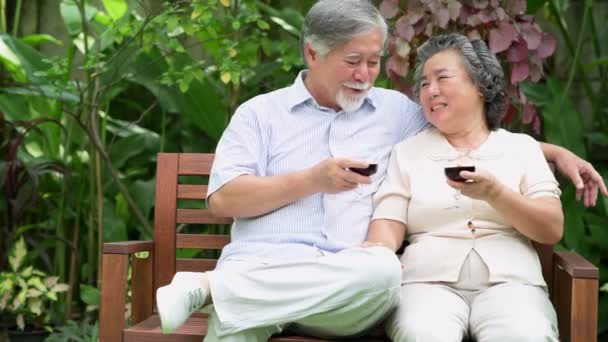 资深夫妇坐在家里的花园里一起喝红酒 退休的老亚洲男女 说话拿着酒杯 快乐的微笑 老年人生活方式理念 — 图库视频影像