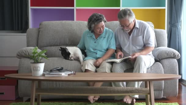 资深夫妇一起坐在客厅看书 退休的老亚洲男女 与法国斗牛犬一起看书玩耍 快乐的微笑 老年人生活方式理念 — 图库视频影像