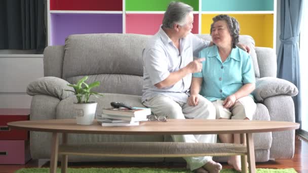 老夫妇坐在客厅里拥抱在一起 退休的老亚洲男女 说话相抱 快乐的微笑 老年人生活方式理念 — 图库视频影像