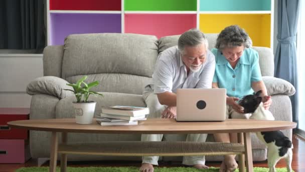 Casal Sênior Sentado Tentando Usar Laptop Sala Estar Aposentado Velho — Vídeo de Stock