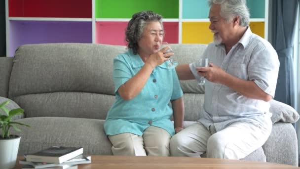 Senior Couple Sitting Talking Red Wine Glass Table Living Room — Stock Video