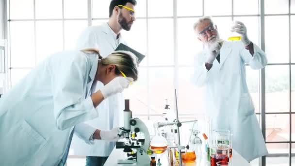 在实验室工作的化学家小组 年轻的白人男女化学家与高级高加索化学家一起在实验室里工作 观察显微镜 科学理念 — 图库视频影像