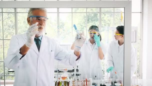 Група Хіміків Працюють Лабораторії Молоді Азіатські Жінки Хіміки Старшим Кавказьким — стокове відео