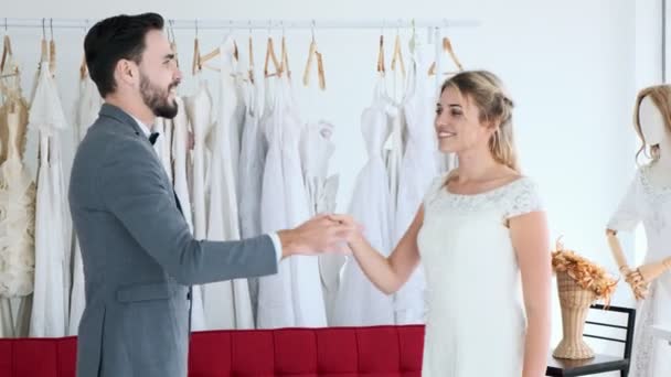 Romantic Wedding Couple Expensive Dress Shop White Man Woman Bride — Stock Video