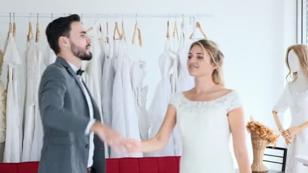 Romantic Wedding Couple Expensive Dress Shop White Man Woman Bride — Stock Video