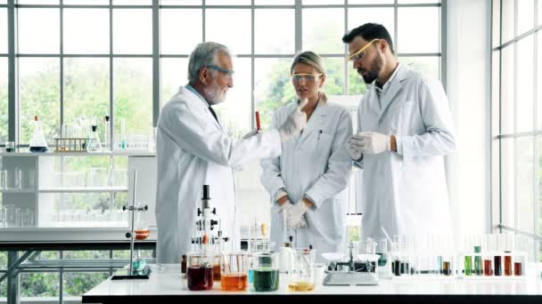化学実験室での作業のグループ 小さなホワイトの仕事を議論する白人化学研究室で一緒に作業をシニアと男性と女性の化学者 科学のコンセプト — ストック動画