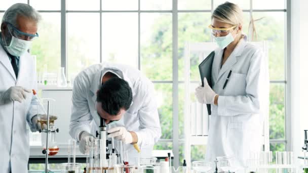 化学実験室での作業のグループ 若い白顕微鏡に見て白人化学研究室で一緒に作業をシニアと男性と女性の化学者 科学のコンセプト — ストック動画