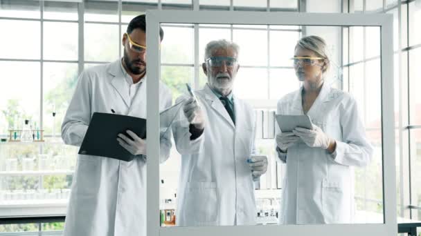 化学実験室での作業のグループ 小さなホワイト ガラスのディスプレイで書いて白人化学研究室で一緒に作業をシニアと男性と女性の化学者 科学のコンセプト — ストック動画