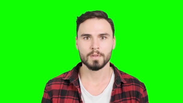 Young Man Acting Extremely Happy Surprise Big Win Green Screen — Stock Video