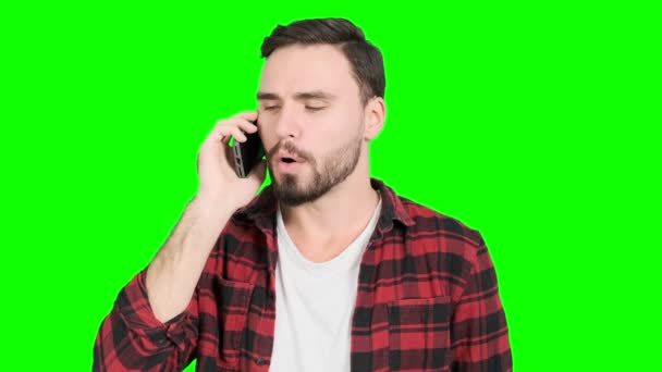 Young Man Talking Mobilephone Good Mood Green Screen White Male — Stock Video