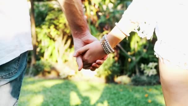公園で手を繋いでいるカップルは日没にクローズ アップ 若いロマンス概念 — ストック動画