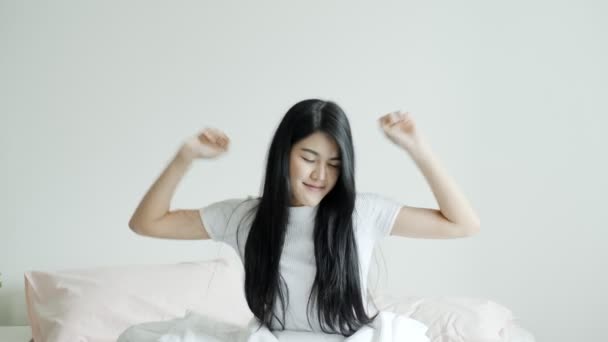 Young Beautiful Asian Woman Woke Bed Stretching Portrait Millennial Lifestyle — Stock Video