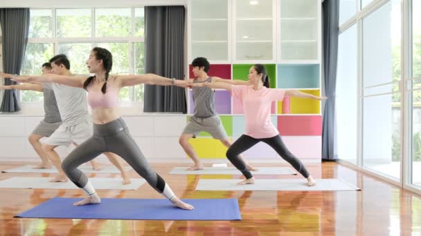 Groupe Jeunes Personnes Âgées Asiatiques Assistant Des Cours Yoga Debout — Video