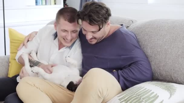 Caucasico Gay Coppia Giocare Con Loro Cane Casa — Video Stock