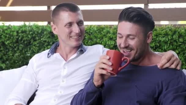 Caucasian Gay Couple Sitting Garden — Stock Video