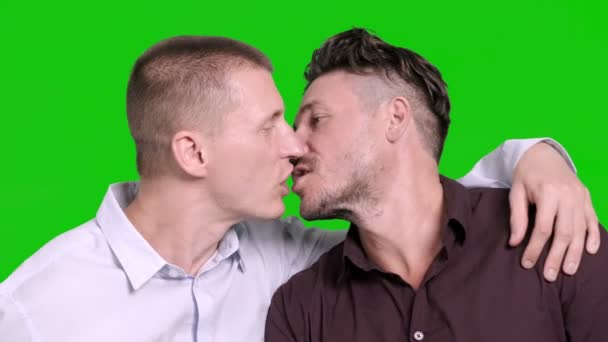 Kaukasiska Homosexuella Par Kramas Och Kysser Grön Bakgrund — Stockvideo
