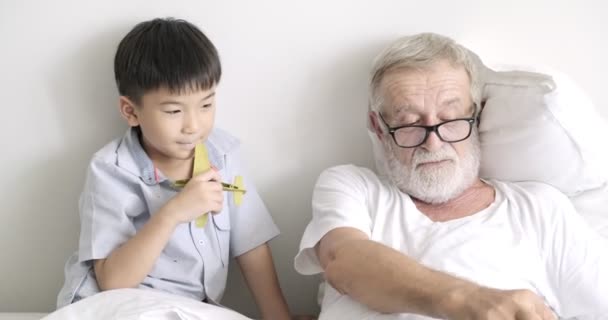 Παλιά Ώριμη Άνθρωπος Παίζει Αεροπλάνα Παιχνίδια Και Διαβάζοντας Βιβλίο Εγγόνι — Αρχείο Βίντεο