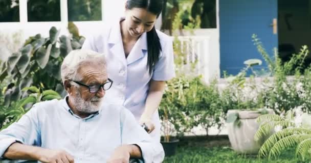 Enfermera Joven Está Cuidando Hombre Discapacitado Maduro Silla Ruedas Jardín — Vídeos de Stock