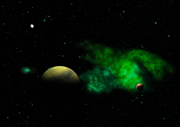 Far-out planets in a space against stars and nebula. Elements of this image furnished by NASA . 3D rendering.