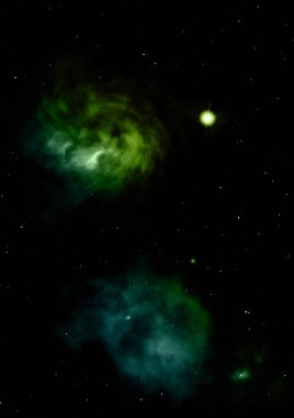 Uzaya karşı parlayan nebula ve yıldız alanı. Bu görüntünün elementleri NASA tarafından döşenmiştir. 3B görüntüleme.