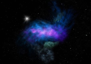 Uzaya karşı parlayan nebula ve yıldız alanı. Bu görüntünün elementleri NASA tarafından döşenmiştir. 3B görüntüleme.