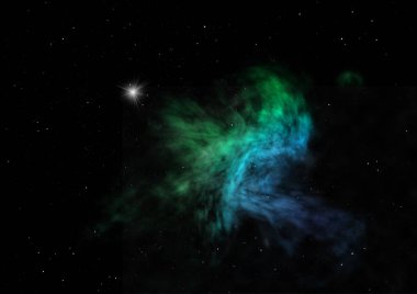 Uzayda bir yıldız alanı ve bir nebula. 3B görüntüleme