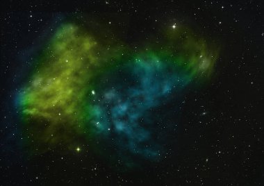 Uzayda bir yıldız alanı ve bir nebula. 3B görüntüleme