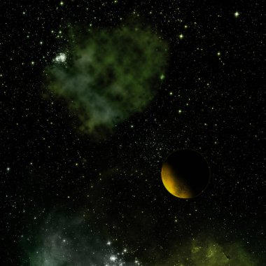 Yıldızlara karşı uzayda bir gezegen. 3B görüntüleme.