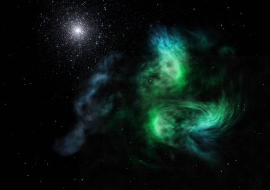 Uzayda bir yıldız alanı ve bir nebula. 3B görüntüleme