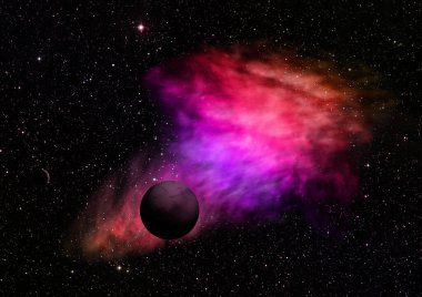 Yıldızlara ve nebulaya karşı uzayda bir gezegen. Bu görüntünün elementleri NASA 3D görüntüleme tarafından desteklenmektedir.