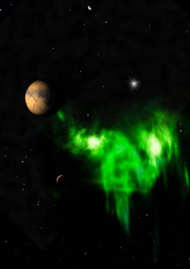 Gezegenler yıldızlara ve nebulaya karşı bir uzayda. Bu görüntünün elementleri NASA tarafından döşenmiştir. 3B görüntüleme.