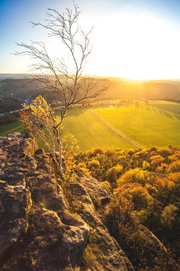 Gün batımı harika bir mesa içinde Alman Sakson İsviçre Ulusal Parkı yakın Dresden doruğuna. Doğa yürüyüşü ve tırmanma Elbe Kumtaşı Dağları'nın harika dağ aralıkları.