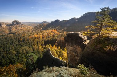 Epik gündoğumu hafif bir mesa içinde Alman Sakson İsviçre Ulusal Parkı doruğuna. Işık ve sis ile dağ. Doğa yürüyüşü ve tırmanma Elbe Kumtaşı Dağları'nın harika dağ aralıkları.