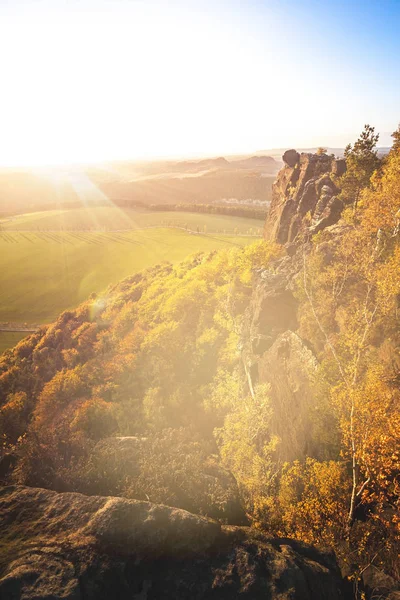 Meditation in soft light in the german Saxon Switzerland National Park close to Dresden. Hiking and climbing in wonderful mountain ranges of the Elbe Sandstone Mountains.