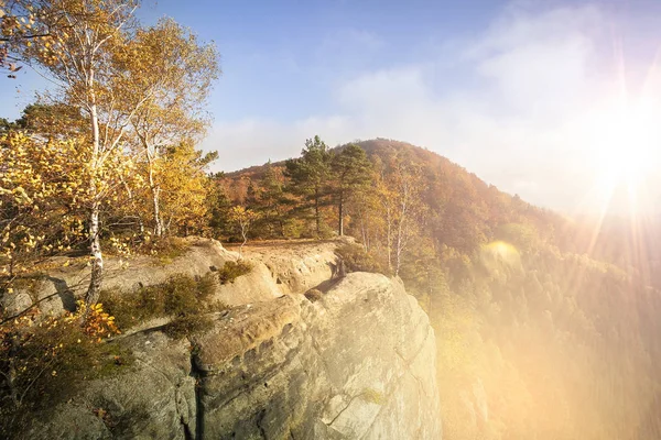 Meditation in soft light in the german Saxon Switzerland National Park close to Dresden. Hiking and climbing in wonderful mountain ranges of the Elbe Sandstone Mountains.