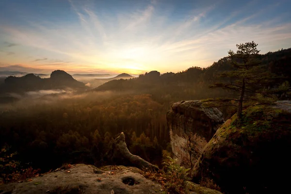 Epik gündoğumu hafif bir mesa içinde Alman Sakson İsviçre Ulusal Parkı doruğuna. Işık ve sis ile dağ. Doğa yürüyüşü ve tırmanma Elbe Kumtaşı Dağları'nın harika dağ aralıkları.