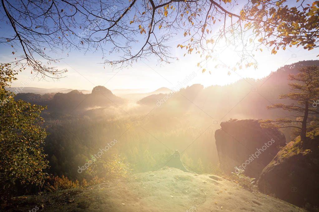 Meditation in soft light in the german Saxon Switzerland National Park close to Dresden. Hiking and climbing in wonderful mountain ranges of the Elbe Sandstone Mountains.