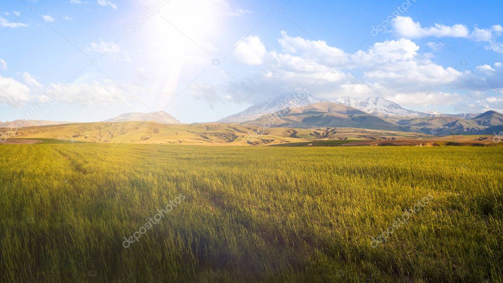 Lens effects with sunlight on landscape in Iran. Road trip to Tabriz in Iranian Azerbaijan.Beautiful and historical present capital of East Azerbaijan province. Located in the Quru River valley, Sahand and Eynali mountains, close to Lake Urmia.